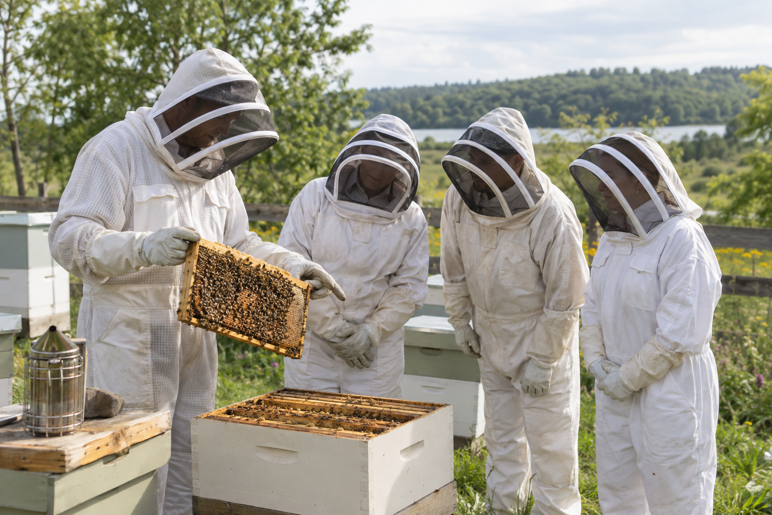 A beekeeper teaching three fully suited visitors during an educational hive tour